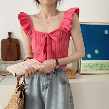 Вязаный жилет с летящим рукавом, женская летняя одежда, короткий топ без рукавов, сладкая и пикантная Корейская модная одежда