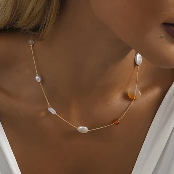 Горячее новое Модное ожерелье с имитацией натурального камня и жемчуга для женщин, простое Универсальное женское ожерелье, ювелирные изделия