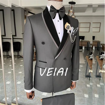 Двубортные мужские костюмы, черная шаль с лацканами, Костюмы для свадьбы, выпускного Вечера, Жениха, Повседневная куртка-двойка, Брюки, Vestido De Novia