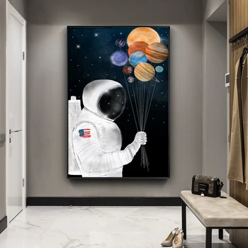 Декор стен в детской комнате, плакаты с забавным мультяшным астронавтом и печать на холсте, настенные художественные картины без рамок