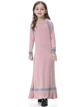Детская одежда для девочек-мусульман с длинными рукавами и круглым вырезом, детская двухцветная одежда в стиле пэчворк длиной до щиколоток, мягкая и удобная