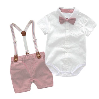 Детская одежда, летние костюмы для мальчиков, джентльменское праздничное платье для новорожденных, мягкий хлопковый однотонный комбинезон + штаны на подтяжках, комплект для малышей