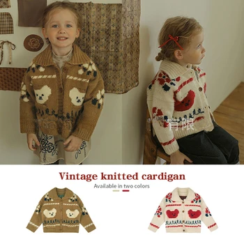 Детская одежда Осенний детский вязаный кардиган с рисунком Медвежонка Для мальчиков, вязаный кардиган с вырезами, модный свитер для новорожденных