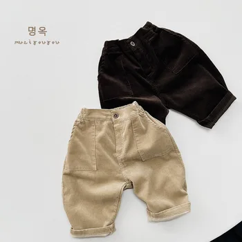 Детские вельветовые брюки 2023, Весна-осень, Новый Корейский стиль, для мальчиков и девочек, свободные широкие брюки в стиле ретро, повседневные простые детские однотонные брюки