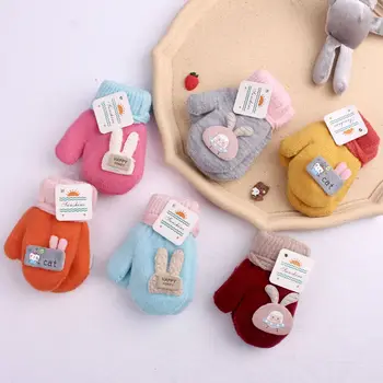 Детские перчатки с милым кроликом, зимние вязаные варежки для малышей, теплые плюшевые перчатки для маленьких мальчиков и девочек с веревочками