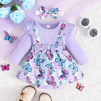 Детский комбинезон с длинными рукавами и принтом бабочки, повседневная детская весенне-осенняя одежда для новорожденных, комбинезон для маленьких девочек, комплект одежды для маленьких девочек