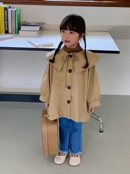 Детский тренч 2023, Осенняя Корейская детская одежда, тренч для девочек, однотонная ветровка средней длины с большим отворотом, верхняя одежда