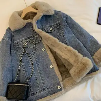 Джинсовая куртка в стиле ретро для женщин, осень-зима, новая повседневная куртка из овечьей шерсти, свободная утолщенная повседневная хлопковая куртка для женщин, джинсовое пальто