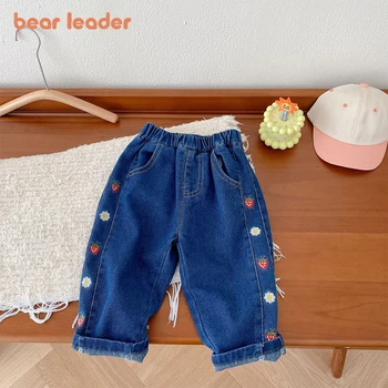 Джинсы для девочек Bear Leader 2023, Весна / осень, Новые повседневные джинсы с вышивкой в виде цветка клубники, Милые модные брюки для девочек