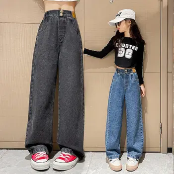 Джинсы для девочек-подростков с начесом, осенне-зимние повседневные модные детские широкие утепленные джинсовые брюки, джинсовые брюки для школьников