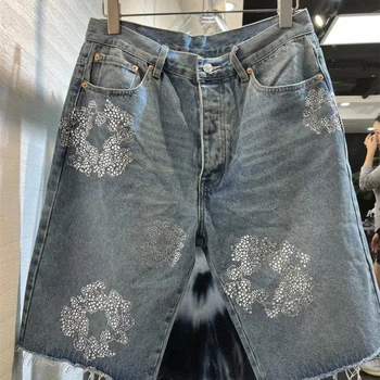 Джинсы с рисунком Капок, инкрустированные бриллиантами, выстиранные шорты, мужские Женские повседневные винтажные шорты Kanye Jeans из аниме лучшего качества