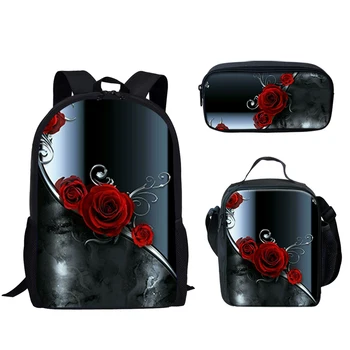 Дизайн в готическом стиле с красной розой, комплект школьных сумок из 3 предметов для мальчиков и девочек-подростков, школьный ранец для студентов, повседневная сумка для книг Mochila Infantil