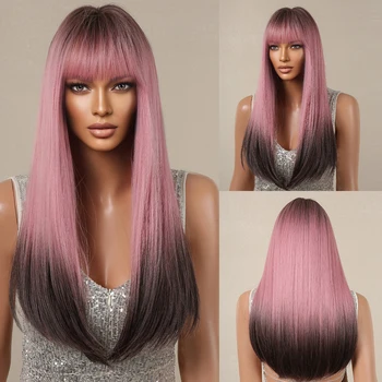 Длинный парик с челкой, Розовое Черное омбре, натуральный прямой синтетический парик, косплей для женщин, вечеринка в стиле Лолиты, Использование термостойкого волокна
