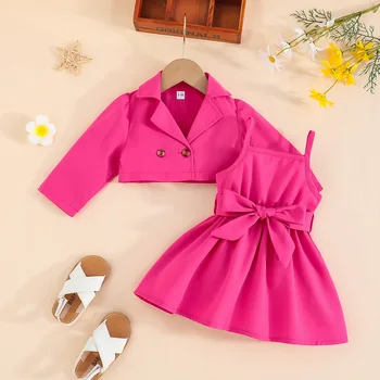 Длинный рукав с отворотом в корейском стиле + однотонное платье-комбинация из двух частей на весну и осень, милый простой костюм в западном стиле в наличии