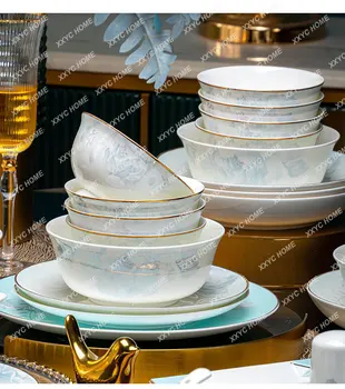 Домашний набор китайской посуды Jingdezhen Light класса люкс с керамическими чашами, тарелками и палочками для еды, предназначенный для новоселья