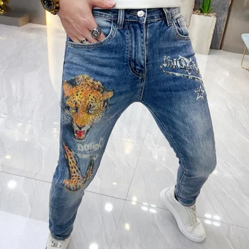 Европейская уличная одежда 2023 года, джинсы Hot Drill, Тигровые стразы, мужской Трендовый дизайнер Masculina Hombre Denim Men