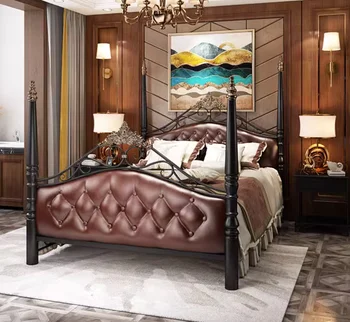Железная кровать в европейском стиле, двуспальная легкая роскошная железная кровать, высококачественная железная кровать для виллы