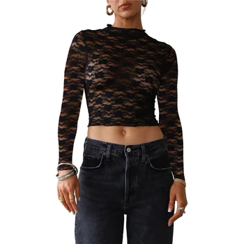 Женская кружевная футболка Xingqing Эстетическая одежда Прозрачный укороченный топ с имитацией шеи и длинным рукавом y2k Grunge Clothes Клубная одежда