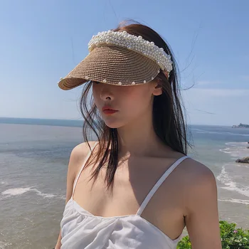 Женская летняя соломенная шляпа с жемчугом ручной работы, Пляжная трава, шляпа без верха, женская солнцезащитная шляпа в корейском стиле, интернет-знаменитость Достигла пика