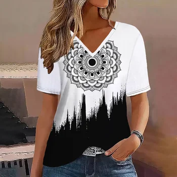 Женская летняя футболка с 3D градиентным винтажным рисунком, футболки, повседневные пуловеры с V-образным вырезом, новые модные женские футболки оверсайз 2023 года