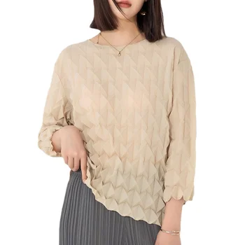 Женская осенняя плиссированная футболка Miyake, новый топ, женская дизайнерская мода 2023, свободный квадратный плиссированный пуловер ручной работы, нижняя рубашка