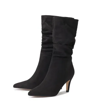 Женские ботинки, новинка, мотоциклетные, из искусственной кожи до середины икры, на тонком каблуке 7,5 см, модная женская обувь в сдержанном британском стиле темно-коричневого цвета