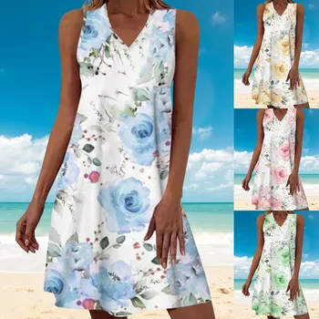 Женские летние повседневные платья-футболки без рукавов, пляжное платье на бретелях с цветочным принтом