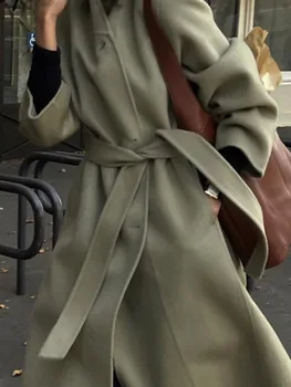 Женские модные винтажные пальто с длинным рукавом, женское пальто с отложным воротником и шнуровкой на талии, зимняя толстая Повседневная Свободная Длинная шерстяная верхняя одежда