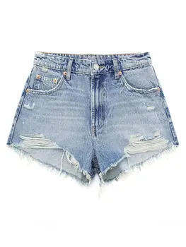 Женские рваные джинсовые шорты с кисточками, женские шорты с высокой талией и изогнутыми карманами на молнии, летняя модная женская уличная одежда