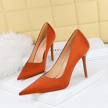 Женские шелковые лаконичные оранжевые туфли-лодочки 10,5 см, женские черные атласные туфли на высоком каблуке, Элегантные вечерние туфли 34 OL на каблуке 7,5 см, Большой размер 43