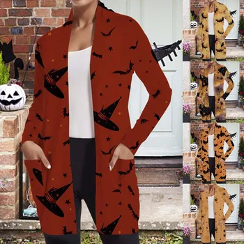 Женский осенний кардиган на Хэллоуин, пальто с принтом скелета Тыквы, повседневная тонкая куртка для вечеринок средней длины с карманами, свитер с запахом по всей длине