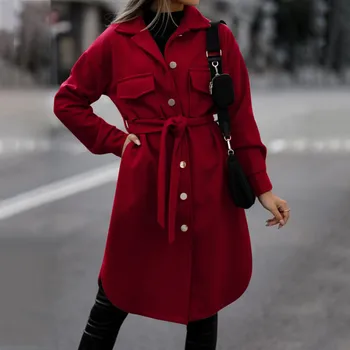 Женский плащ-тренч, повседневное пальто средней длины, кардиган с отворотом, открытый спереди, верхняя одежда, Шерстяные флисовые зимние пальто с поясом