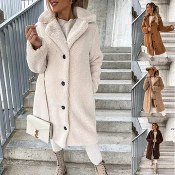 Женское теплое Плюшевое пальто с лацканами и длинными рукавами 2023, осенне-зимняя однотонная повседневная меховая верхняя одежда, Элегантное Офисное женское пальто S-5XL