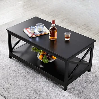 Журнальный столик Мебель для гостиной Стол с полкой для хранения Стол из нержавеющей стали Чайный столик Черный