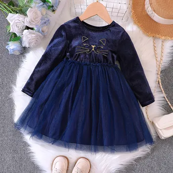 Зимнее детское вельветовое платье для маленьких девочек с длинным рукавом и бантом, сетчатое платье-пачка из тюля в стиле пэчворк со звездами, праздничное платье принцессы для малышей от 1 до 6 лет