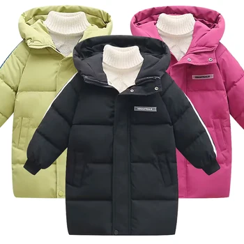 Зимний новый детский пуховый костюм для мальчиков и девочек 3-10 лет, хлопчатобумажное пальто средней длины с надписью, плюшевое и утолщенное теплое пальто
