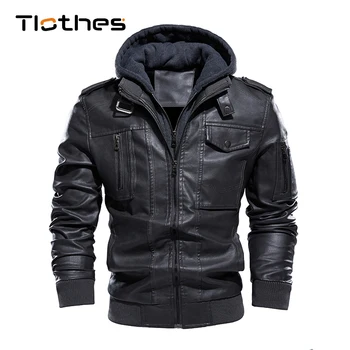 Зимняя куртка из искусственной кожи с капюшоном, мужские мотоциклетные кожаные куртки, мужская повседневная верхняя одежда, теплые флисовые мужские байкерские пальто, уличная одежда американского размера