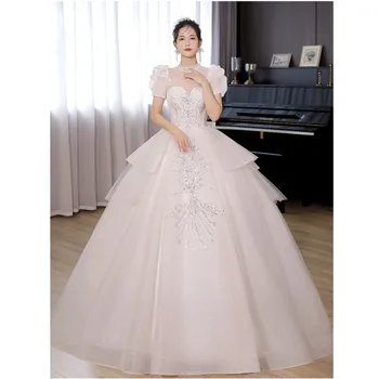Иллюзионное свадебное платье с высоким воротом и пышными рукавами из блестящего тюля, классические свадебные платья на шнуровке, милые элегантные Vestidos De Novia