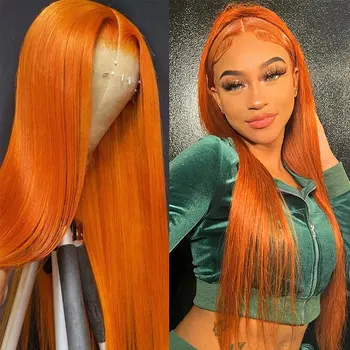 Имбирно-оранжевый парик из синтетических волос на кружеве без клея, длинные прямые волосы из термостойких волокон, предварительно выщипанные по линии роста волос Для женских париков