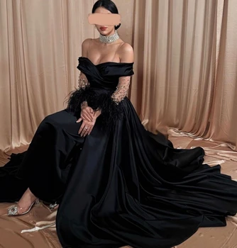 Каролина, Саудовская Аравия, вечерние платья с открытыми плечами, Женские черные платья для выпускного вечера с перьями, вечерние платья для официальных мероприятий
