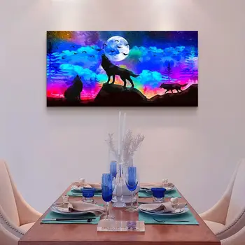 Картина с волком, голубое звездное небо, Красочный пейзаж, Настенное искусство с животными, Печать на холсте, плакат, картина для домашнего декора стен в гостиной