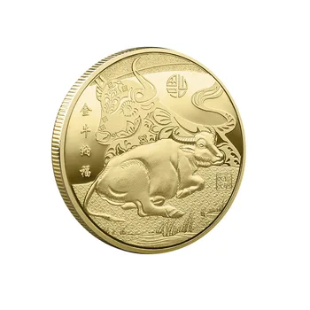 Китайская Счастливая монета Ox, Новогодняя Позолоченная монета, Памятная монета
