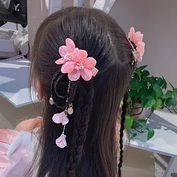 Китайский Новый год; Антикварный парик для девочек; заколка для волос в виде косы; Детский Красный бант в китайском стиле с цветочной кисточкой; заколка для волос Hanfu