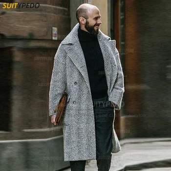 Классические мужские блейзеры в елочку, Двубортная длинная куртка, зимнее деловое мужское пальто, сшитое на заказ Повседневное мужское пальто, 1 шт.