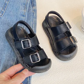Кожаные сандалии для мальчиков, детская летняя пляжная обувь с милой пряжкой, Дышащая Простая обувь для первых ходунков для маленьких девочек, простая универсальная обувь