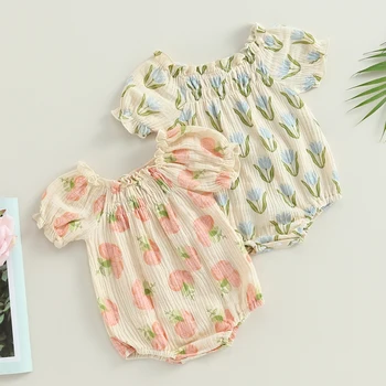 Комбинезон для новорожденных девочек 0-24 месяцев с цветочным принтом, плиссированные комбинезоны с короткими пышными рукавами, Летняя одежда для новорожденных, боди