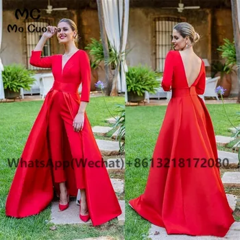 Комбинезон, красные платья для выпускного вечера, длинное вечернее платье 2023, рукава 3/4, съемный шлейф, женское платье для выпускного вечера с открытой спиной.