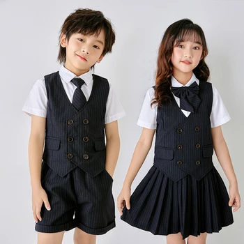 Комплект детской летней школьной формы для мальчиков и девочек, серый жилет, шорты, одежда с галстуком, официальный костюм для вечеринки для детей