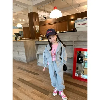 Комплект детской одежды Для девочек, повседневная толстовка с капюшоном в корейском стиле на молнии и спортивные штаны с завязками, модный однотонный комплект из двух предметов