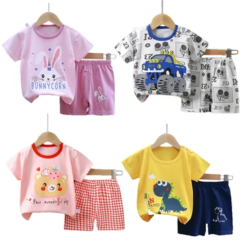 Комплект детской одежды из 2 предметов, летняя детская хлопчатобумажная одежда для девочек, футболка с короткими рукавами для маленьких мальчиков + шорты, костюм для малышей, детская одежда